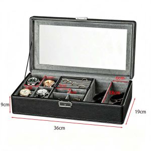 Watch & Jewelry Storage Box 4 Watch Slots Clear Glass Top Organizer with Removable Ring Earring Tray Black