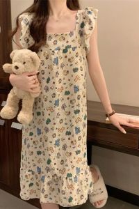 RF studio summer suspender nightdress with chest pad thin sweet and cute cartoon print medium and long can be worn outside loungewear nightdress