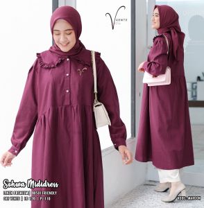 Baju Midi Dress Wanita Kekinian Sohwa Lengan Ballon Bahan Linen Premium Busana Muslimah Modern | GOODSAJI HIJABSTUFF