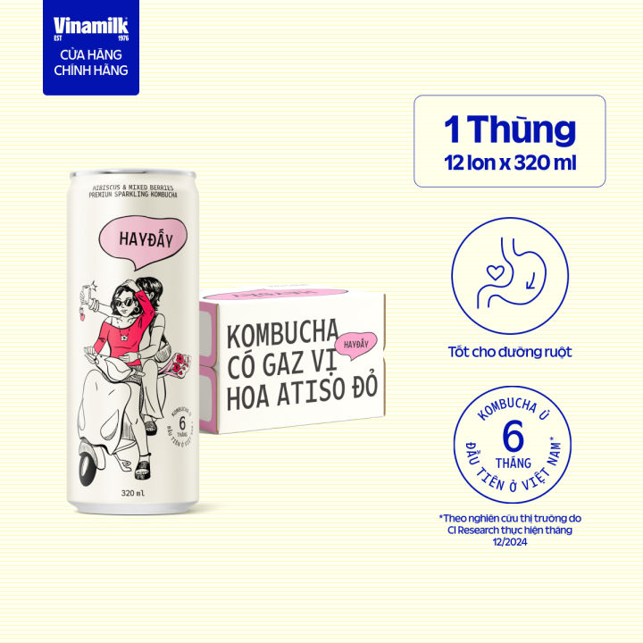[CHỌN VỊ] Thùng 12 lon Kombucha HAY ĐẤY Có Gaz 320ml