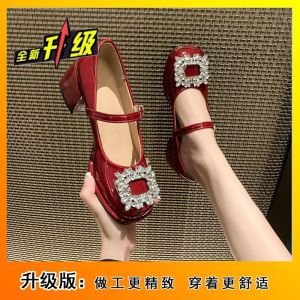 [Free Shipping] Fashionable High-Heeled Black Leather Shoes WomenS Rhinestone Wedding Shoes Bridal Shoes Chunky Heel Pumps