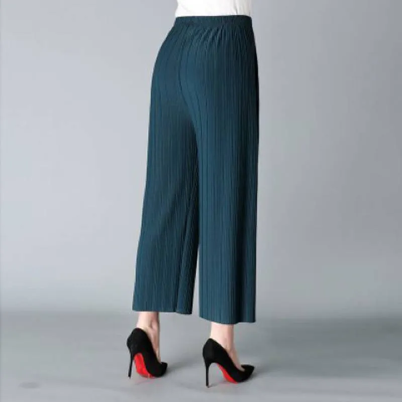 Wide Leg Trousers Women, Ladies Green Trousers Solid Color Chiffon
