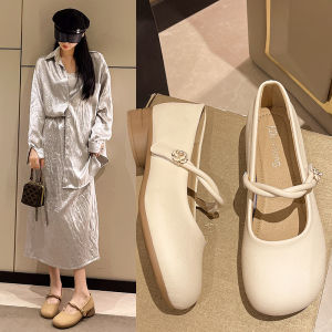 Mary Jane Single Shoes French Block Heel Fashion Straight Buckle Pumps for Women Casual Small Leather Shoes