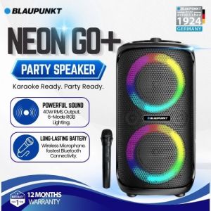 BLAUPUNKT Party Speaker Neon Go+ 40W Bluetooth Speaker with RGB Lights | Wireless Microphone