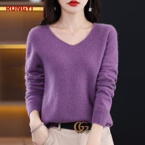 RONGYI Womens Sweater 100% Merino Wool Knitwears Autumn Winter Cashmere Knitted V-Neck Pullover Solid Jumper Clothing Tops2026