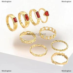 [COD] Modingdue 9pcs Bohemian Rhinestone Geometric Finger Rings Set For Women Red Crystal Heart Shaped Ring Female Party Jewelry