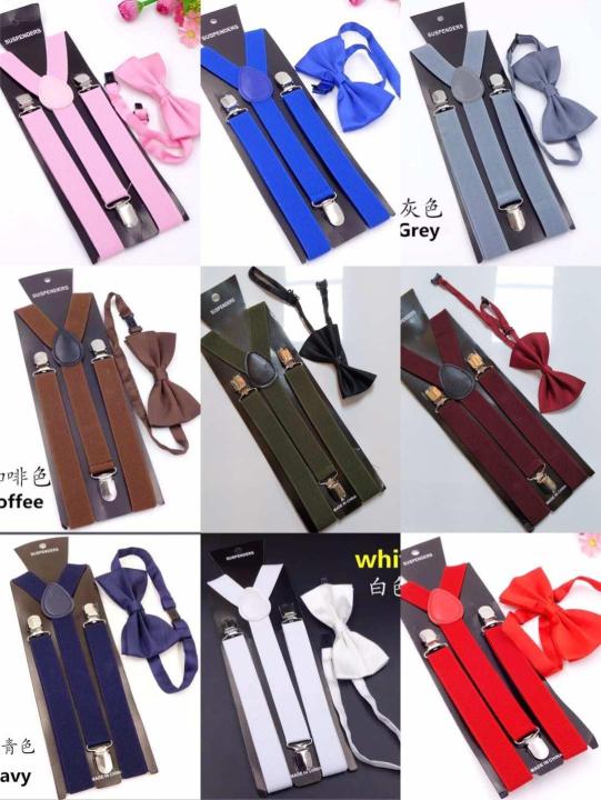Mens Suspenders and Bow Tie Set Adjustable Elastic Clip On Suspenders for  Wedding(Multiple Colors)