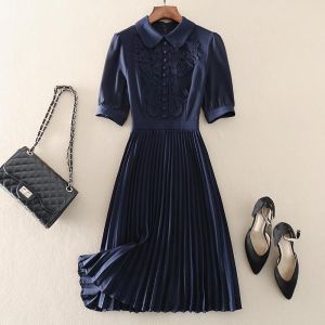 Vintage Embroidered Pleated Dress Women 2025 Summer Chic Sweet Short Sleeve Midi Party Dress Elegant Slim Waist A-Line Dresses