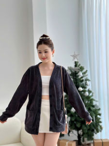 Áo khoác nữ cardigan nhung tăm cổ tròn tay dài
