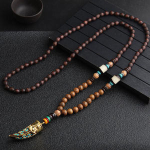 GUAIP Ethnic Handmade Mala Jewelry Buddhist Nepal Wood Beads Pendant Necklace Long Necklace