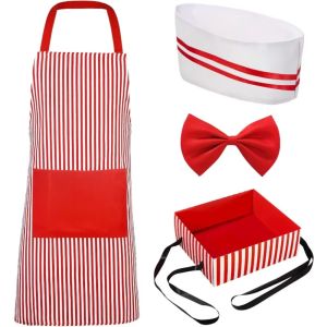 GAOSU Red and White Stripe Waiter Cosplay Carnivals Circus Apron with Hat Chef Costume Masquerade Prop Theme Party Kitchen Uniforms Women Men