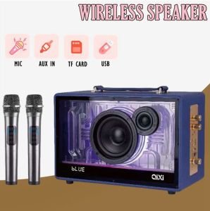 QIXI SK-2060 Super Bass Sound Wireless Bluetooth Karaoke Transparent Design RGB Speaker with Dual Wireless Microphone