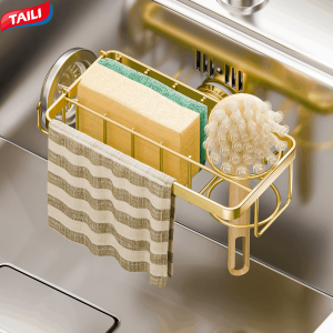 TAILI 4-in-1 Sponge Holder for Kitchen Sink with Strong Suction Cup Dishwashing Sponge Holder in Sink Removable Rust-Resistant Aluminum Sink Holder for Sponges Brushes Scrubbers Sink Stoppers and Scrapers