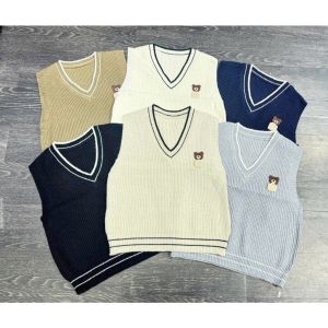 🔥[C393] Áo len Montoghi dệt kim GILE họa tiết GẤU CON kẻ viền cổ V dễ phối đồ hàng QC xinh - Kholenqc