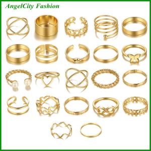 AngelCity Fashion Store 22pcs Set Vintage Hollow Heart Butterfly Rings Set For Women Metal Color Geometric Spiral Shape Ring rendy Jewelry