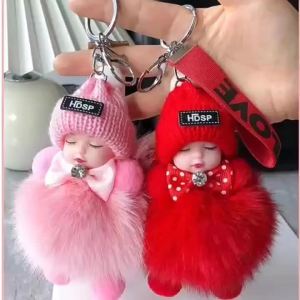 Real Fox Fur Pom Pom Bag Charm Sleepy Doll Plush Keychain Phone Strap Multi Color
