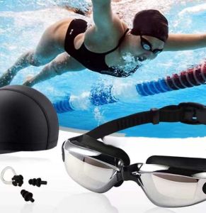 4 in 1 Swimming Goggles and Swim Cap Sets With Nose Clip Earplugs Anti Fog Waterproof Goggles And UV Protection For Men and Women OP