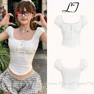 Áo retro chất Ren hoa nổi cổ vuông ôm body cúc bọc thắt dây nơ tay bồng