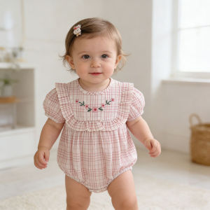 2026 New Girl Summer Baby Clothes Korean Version Checkered Embroidered Baby Clothes Short Sleeves Romper Crawling Clothes2026