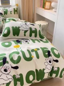Thickened 100 Pure Brushed Skin-Friendly Cotton Four-Piece Set ins Fresh and Simple Cartoon Single Duvet Cover Student Dormitory Three-Piece Set LZD