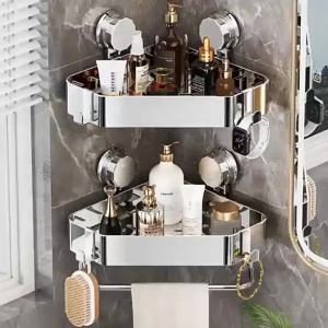 [OKLIFE. SG]Strong Suction Corner Shower Shelf  Rustproof Bathroom Organizer with Towel Bar for Toiletries