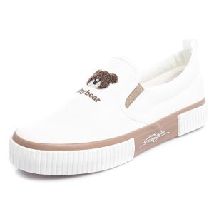 Sepatu Selop Slip On Korea Wanita Casual Shoes Beruang Why Teddy Bear Lucu Tanpa Tali Hitam Putih Kanvas Premium Quality Terbaru Kekinian