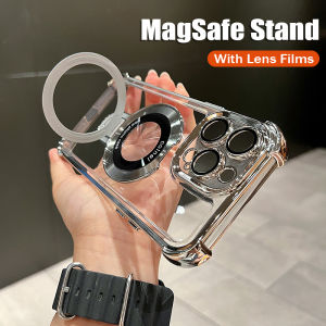 CrashStar With Lens Films MagSafe Stand Thickened Corners Plating Transparent Hard Shockproof Phone Case For iPhone 17 16 15 14 Pro Max Plus Air 16e 13 12 11 Pro Max Wireless Charging Phone Casing Clear Anti-fall Phone Cover Shell