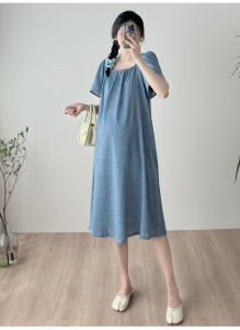 Ready Stock Pregnant Women Summer Dress Tensilk Denim Dress Long Dress With Belt Maternity Dress