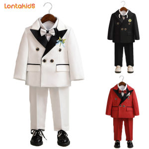lontakids 5Pcs Kids Boys Formal Suits Tuxedo Set Blazer (Jacket + Pants + Shirt + Bowtie + Corsage) Wedding Birthday Party Dresswear Ring Bearer Attire