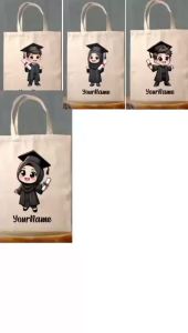 Ready Stock Cartoon Customize Name Cute Graduation Canvas Bag    No MOQ    Personalized Gift Bag for Graduation Canvas Bag