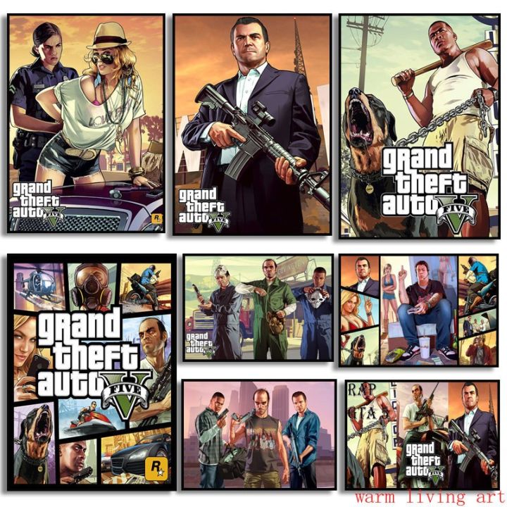 Lukisan kanvas permainan Video GTA 5 Grand Theft Auto Posters gambar ...