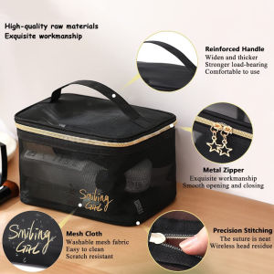 Black Make Up Pouch Bag Women Makeup Bag Portable Large Capacity Zipper Mesh Package Black Mesh Cosmetic Bag Camping Travel Organizer