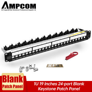 AMPCOM 24-Port Blank Keystone Patch Panel 1U STP/UTP 19 inch Rack Wall Mount with Rear Cable Management Panel RJ45 Ethernet