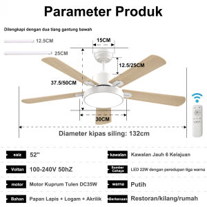 [Bilah kayu asli]52" Ceiling Fan Quiet Pure Copper DC Motor 6-Speed ​​Remote Control Reversible Fan with Timer FunctionSesuai untuk vila balkoni hotel ruang tamu.