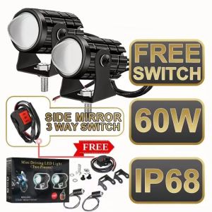 Motorcycle spotlight headlight LED two-color small steel cannon long and near integrated waterproof super bright 12-80V 2-pack mini driving light white + yellow pair of universal LED lights