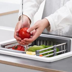 SXH Dishwashing sink drain basket stainless steel retractable sink drain rack fruit and vegetable storage basket bowl and dish basket