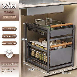 Giá để đồ dưới bồn rửa giá để đồ trong tủ bếp kệ trượt ngăn kéo kéo ra giá đựng đồ có tay cầm bằng gỗ