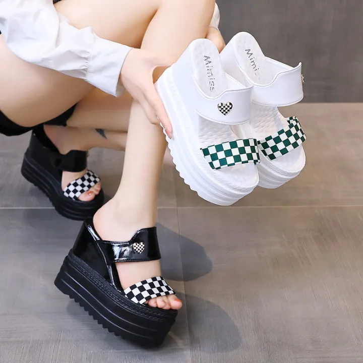 Venkao High Wedge Slippers 2022 New Summer Fashion 12cm Height Increase  Waterproof Korean Wedge Slippers for Women