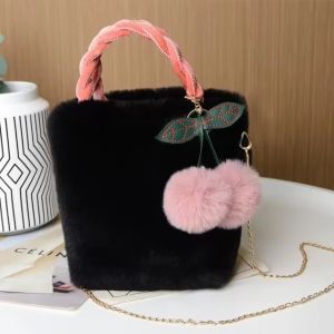 Fashion Soft Plush Handbag with Pompom Women Small Clutch Purse Shoulder Bags Causal Cherry Pendant Crossbody Bag