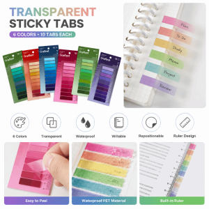 FLYING 6pcs Transparent Index Memo Pads Morandi Color Bookmark Self-Adhesive Stickers Creative Ruler PET Index Stickers Office Supplies