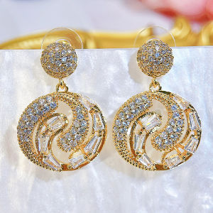 SEQUITO Noble Women Wedding Party Big Round Hollow Drop Earrings Micro Pave Sparkling AAAAA CZ Stone Golden Jewelry SE924