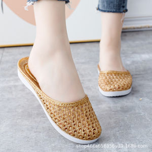 [Free Shipping] Summer crystal closed-toe plastic slippers non-slip soft-soled half-slippers dual-use for outdoor and home flat-heeled closed-toe slippers for women