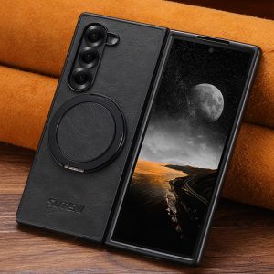 Ốp Lưng Da Cao Cấp dành cho Samsung Galaxy Z Fold 6/ Galaxy Z Fold 7 SẠC KHÔNG DÂY Kèm Ngăn Đựng Thẻ và Giá Đỡ Bảo Vệ Cam