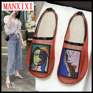 Manxixi ยี่ห้อ INS รูปแบบถนนรองเท้าแตะแบนแฟชั่นที่สวยงามรูปแบบกราฟฟิตีโปร่งแสงสันทนาการล่อรองเท้าแตะสำหรับผู้หญิง (ขนาด 35-40)