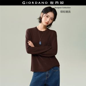 GIORDANO Women Sweaters Rib Texture Sweaters Crewneck Rolled Trim Stretchy Fashionable Casual Relaxed Sweaters 18356516