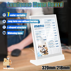 L-Shaped Illuminated Menu Board with Light 3 Modes Menu Board 7 Colors LED Display Board Menu Board Display Board for Menu Led Light Menu Board Menu with Light 320*218mm A4 Size Variable Light / Multi-Light