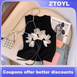 【ZTOYL】 Summer Fashion Chic Flower Knitted Vest Women Round Neck Sleeveless Striped Tank Top
