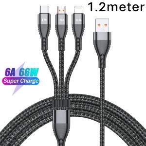 3in1 Super Fast Charging cable type c micro usb and lightning connector 6a Fast Charging support 66w huawei super charge One Drag and Three Lines compatible for iphone 7 8 Xs 11 12 samsung S20 huawei P30 mate20 0.5m 1.2m and 2m