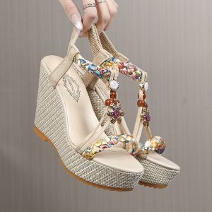 [Free Shipping] Plus-Size 2026 Wedge Sandals For Women Featuring A Bohemian Style Metallic Color Blocking And A Tight-Fitting Open-Toe Design Perfect For The Beach