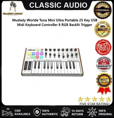 Muslady Worlde Tuna Mini Ultra Portable 25 Key USB Midi Keyboard Controller 8 RGB Backlit Trigger ( classic audio original )